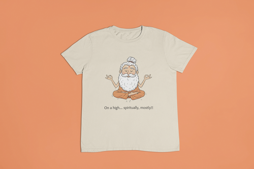 Beige t-shirt with a cartoon character and text on an orange background