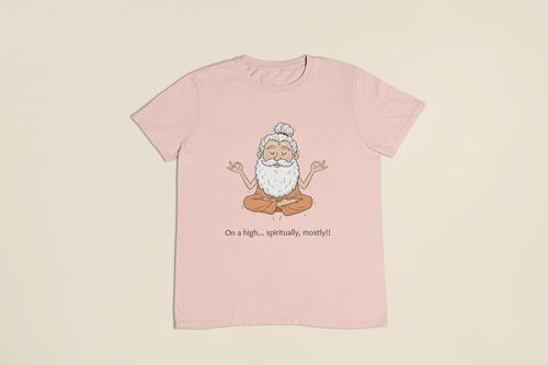 Pink t-shirt with a cartoon character and text on a beige background