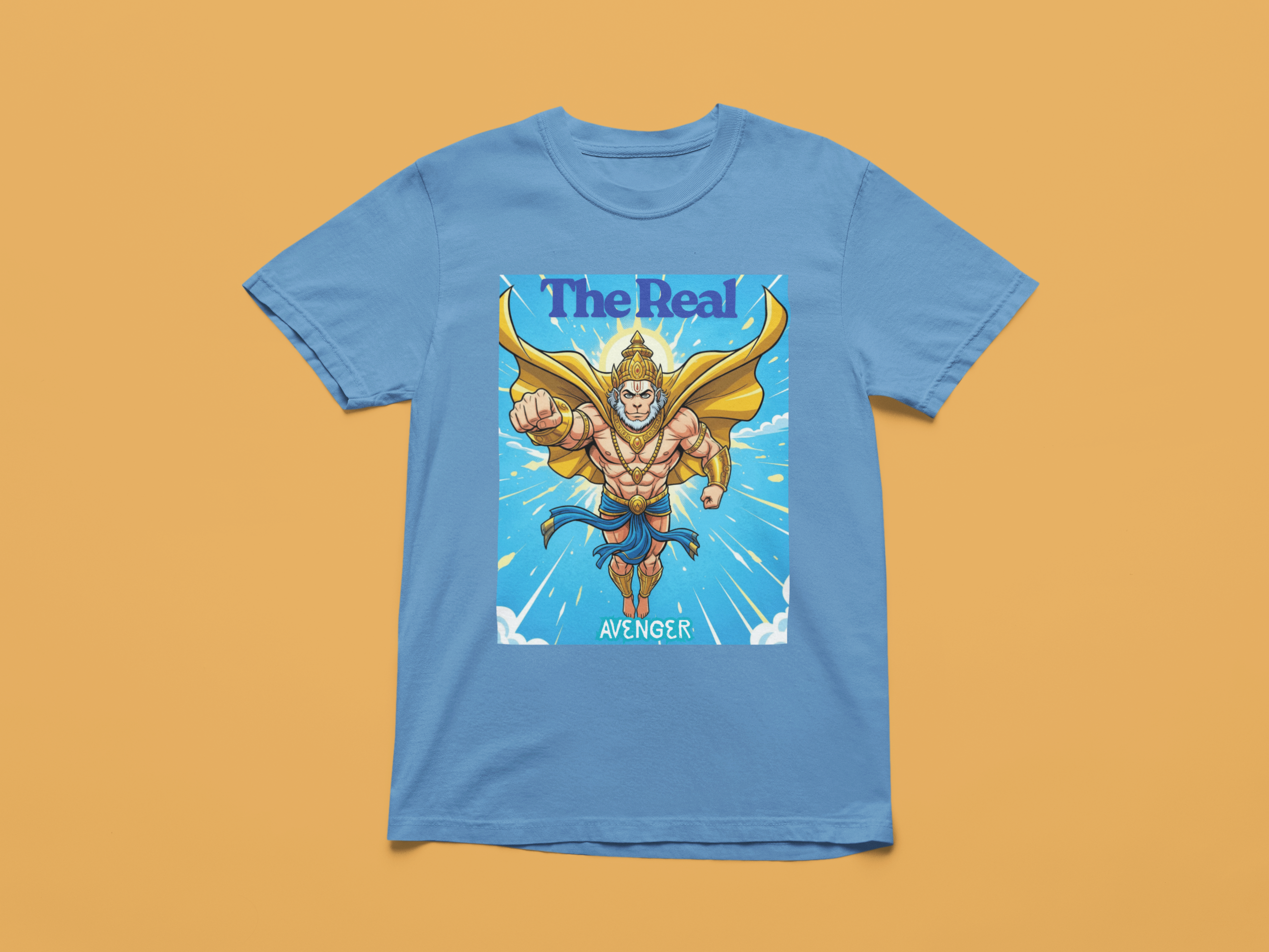 Washed Denim t-shirt with Hanuman graphic and 'The Real Avenger' text 
