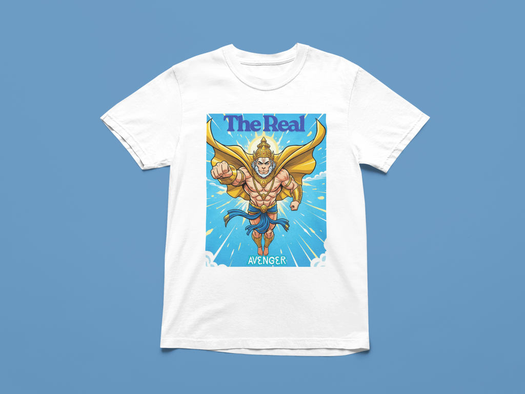 White t-shirt with Hanuman graphic and 'The Real Avenger' text 