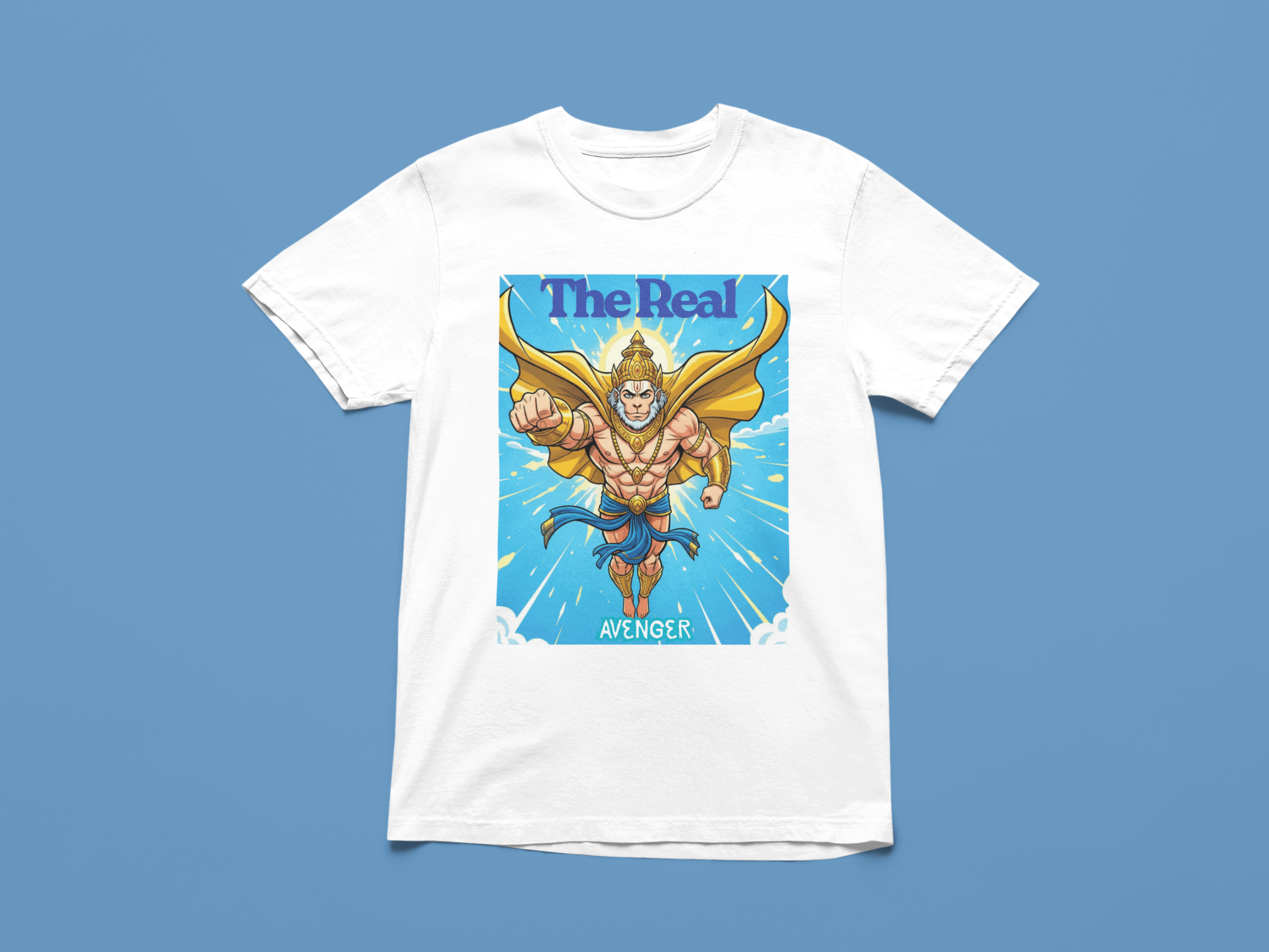White t-shirt with Hanuman graphic and 'The Real Avenger' text 