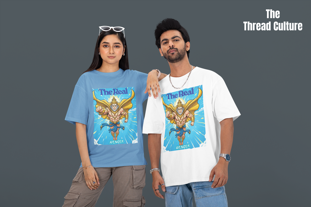 Two people wearing t-shirts with a Hanuman design on a gray background, branded 'The Thread Culture'.