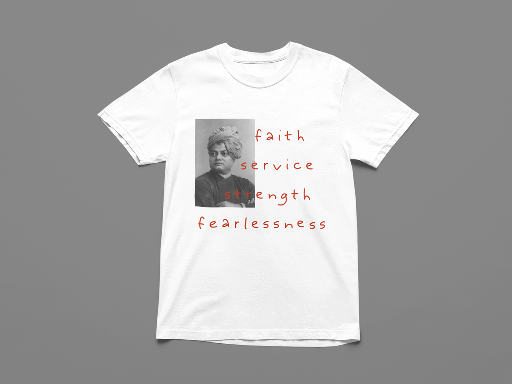 Vintage White t-shirt with a printed Vivekananda Design and text on a gray background