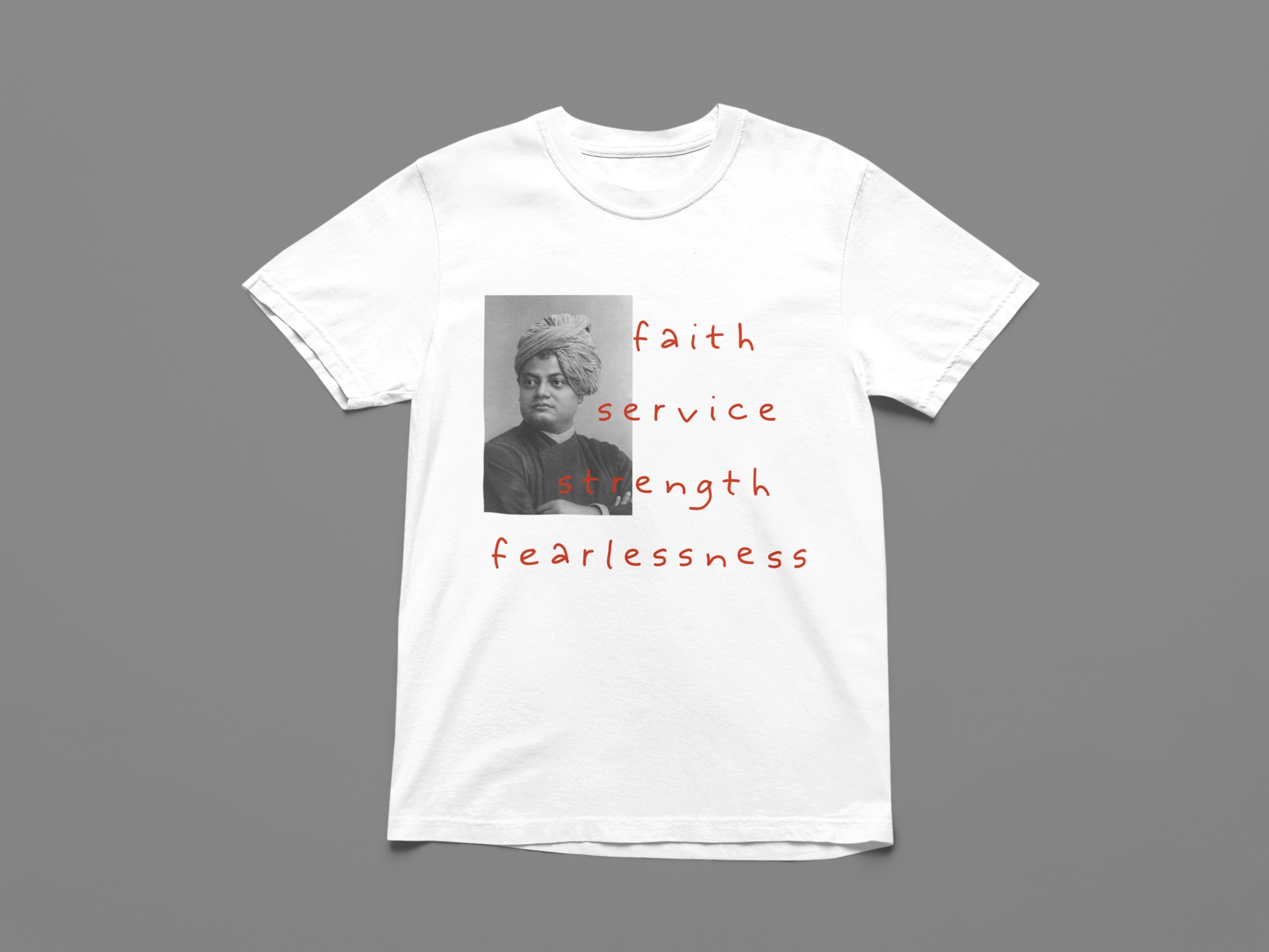 Vintage White t-shirt with a printed Vivekananda Design and text on a gray background