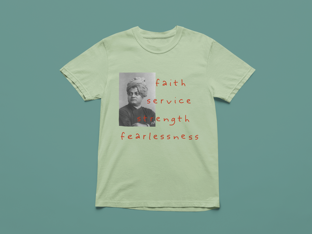 Washed Thyme t-shirt with Vivekananda Design and text on a teal background.