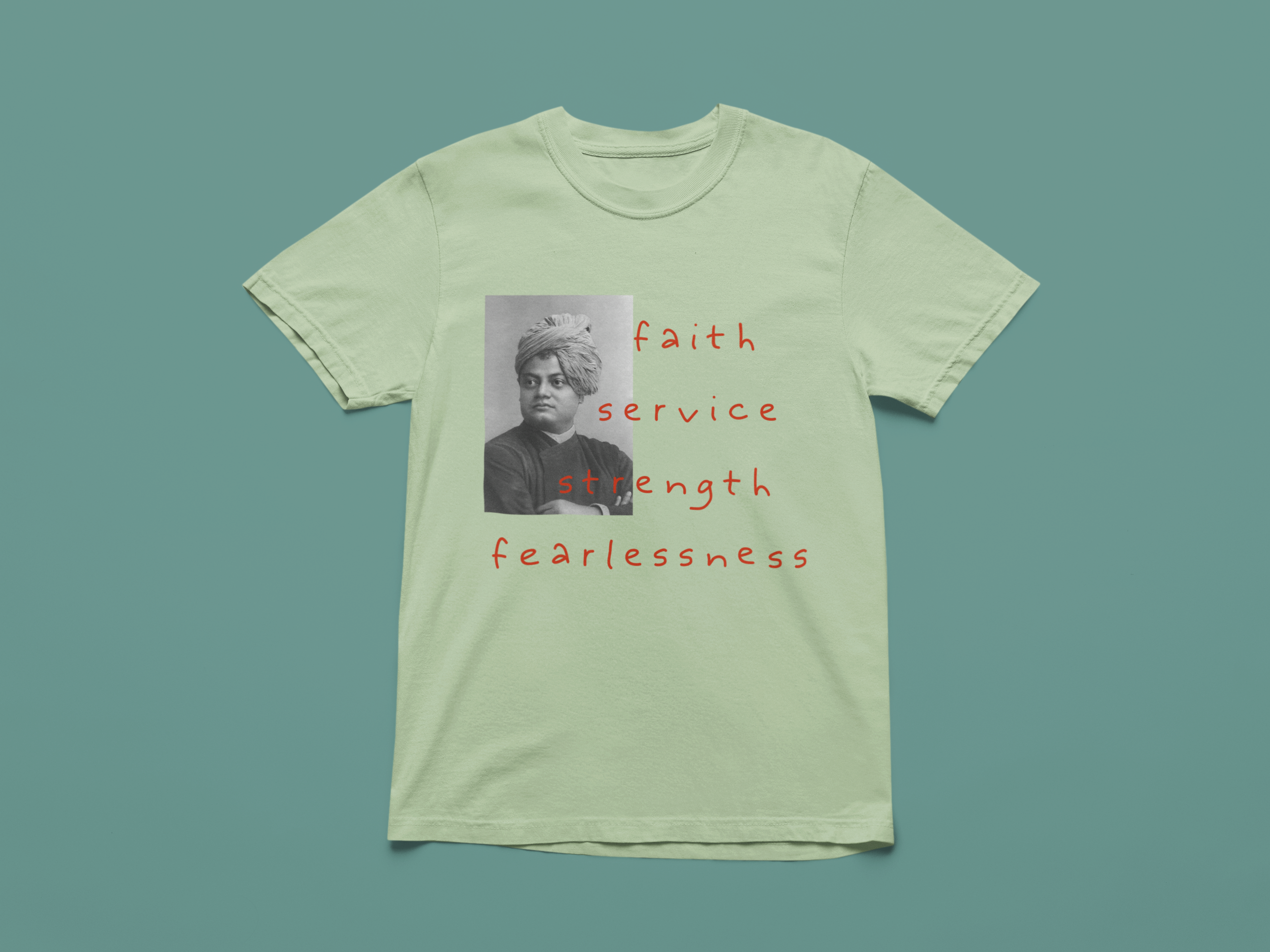 Washed Thyme t-shirt with Vivekananda Design and text on a teal background.